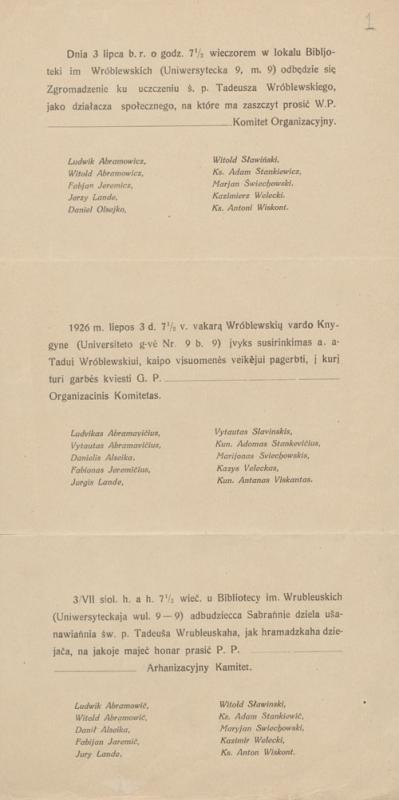 Kvietimas į Tado Stanislovo Vrublevskio mirties metines.