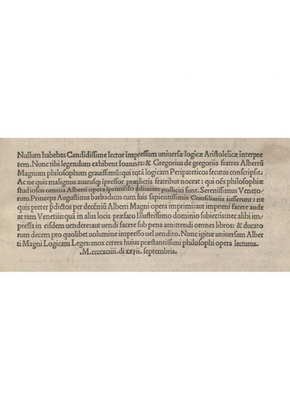 Albertus Magnus. Logica (Liber I–VIII). Venezia: Johannes et Gregorius de Gregoriis, 1494 06 15–09 27.