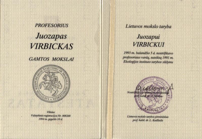 Nostrifikuotas profesoriaus vardas. 1993 m.