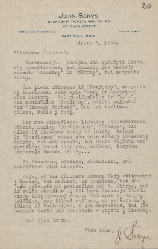 Felicijai Bortkevičienei rašyti Jono Šekio laiškai