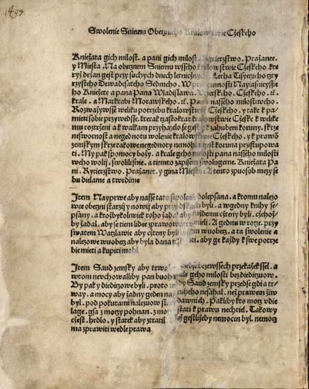 Artikule snĕmovní z roku 1497. [Praha]: Tiskař Pražské bible, [1497].