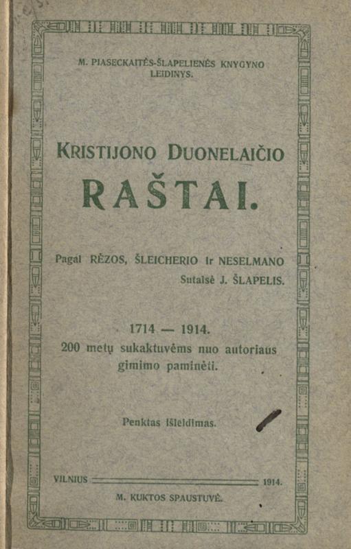 J. Šlapelio parengti Kristijono Donelaičio raštai