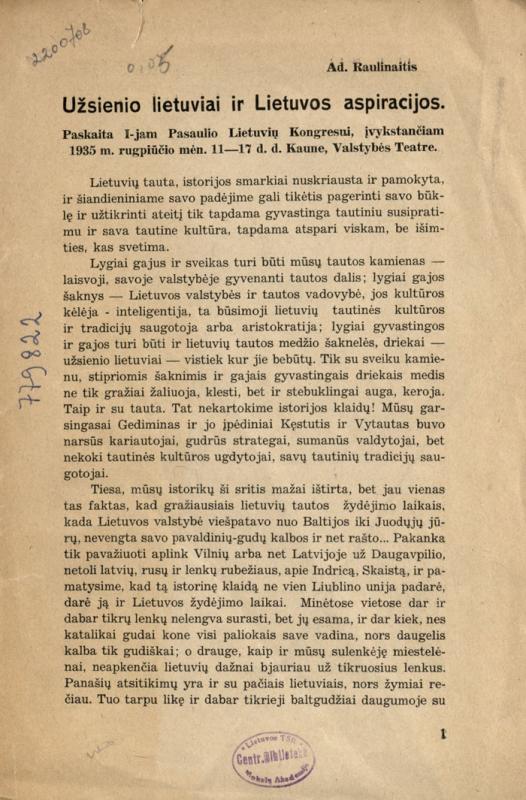 Adolfo Raulinaičio paskaita pirmajam Pasaulio lietuvių kongresui