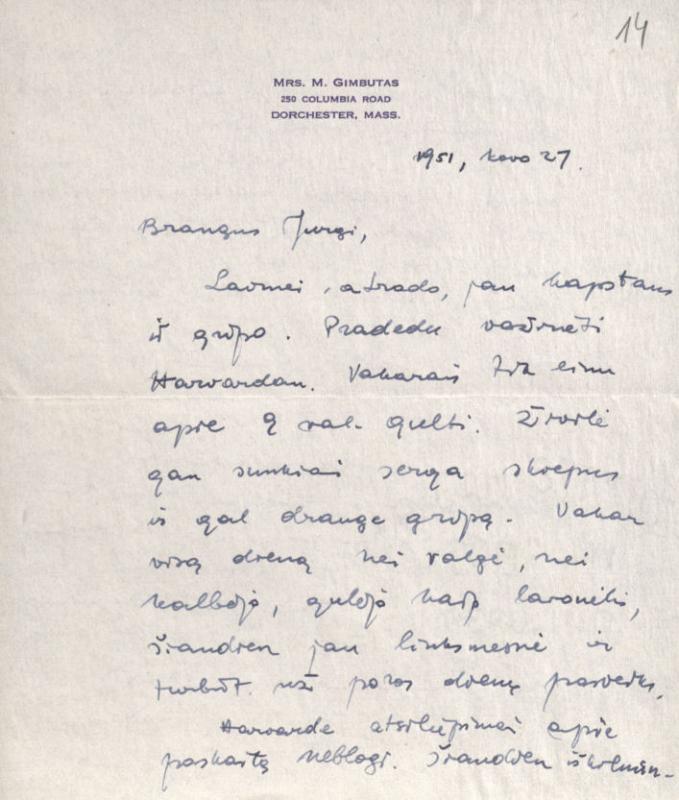M. Gimbutienės laiškas J. Gimbutui