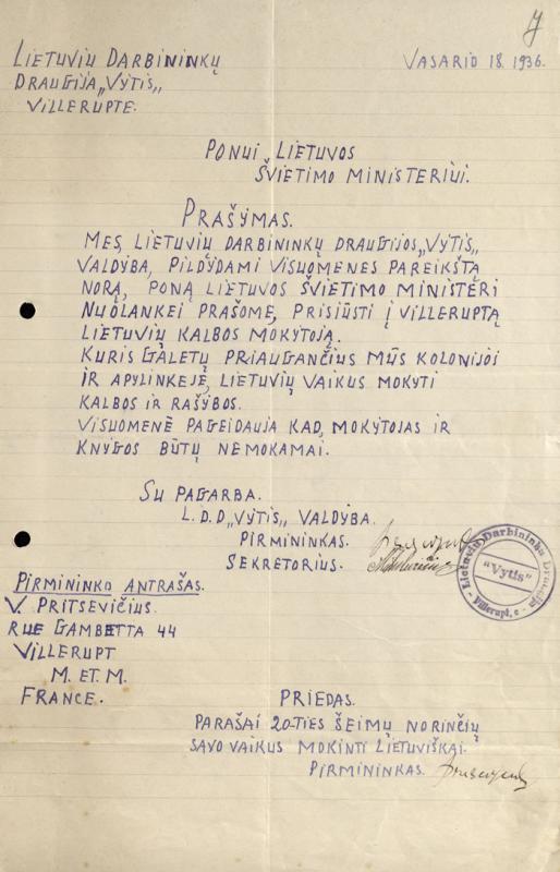 Prancūzijos Lietuvių darbininkų draugijos „Vytis“ prašymas