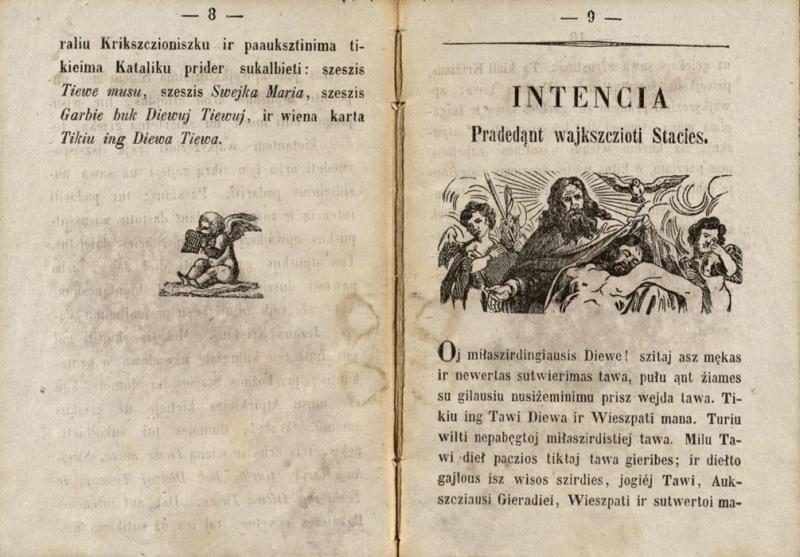 Kałwaria arba Kialas Kriżiaus sopulun Jezusa Kristusa isz namun Piłota ąnt kałna Kałwarios turenczia kiaturiolika staciu: dieł Diewa-bajmingu żiamajcziu suprastintaj partajsita ir isz nauja spaustuwien paduota. Wilniuj: kasztu ir spaustuwi Juzapa Zawadzkie, 1858.