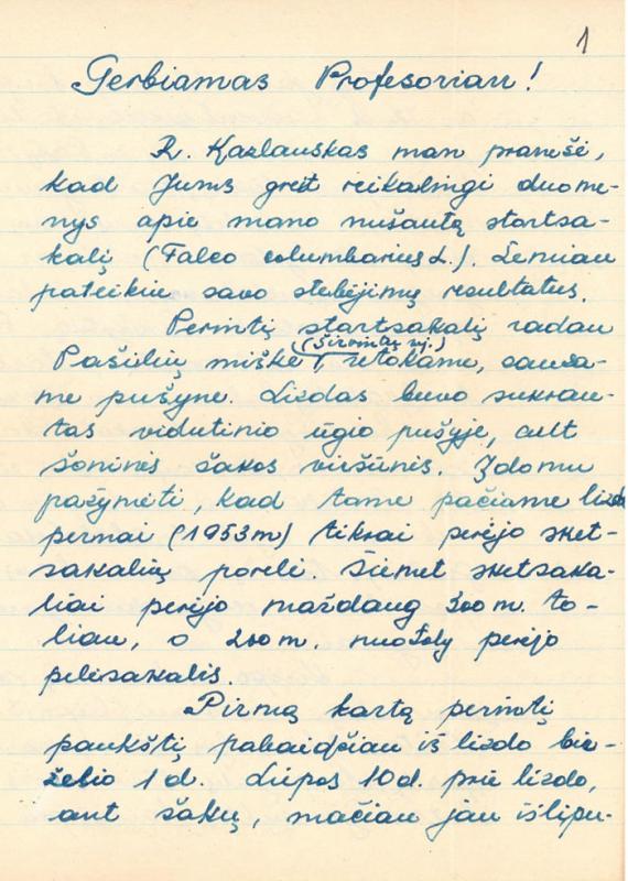 Vytauto Logmino laiškas Tadui Ivanauskui, kuriame pateikiami startsakalių stebėjimo rezultatai. Vilnius, 1954 m.