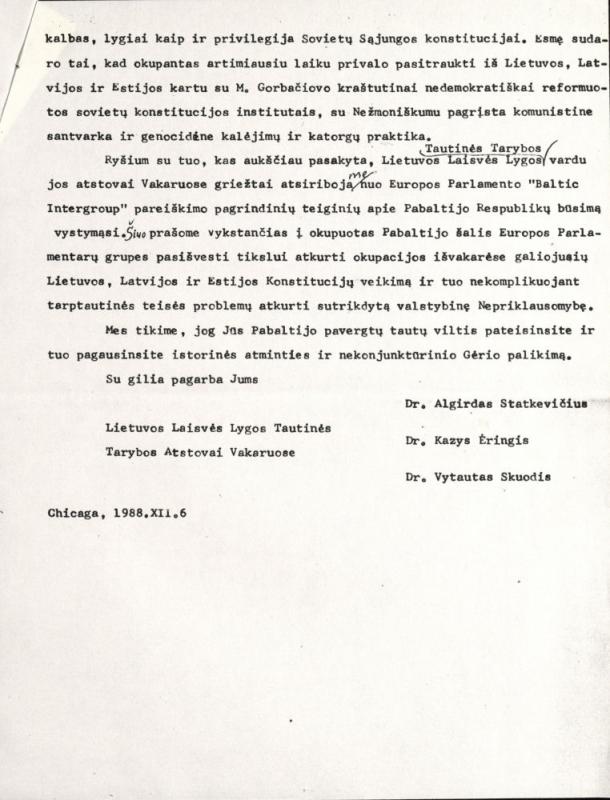 Lietuvos laisvės lygos (LLL) Tautinės tarybos atstovų Vakaruose kreipimasis į Europos Parlamento Pirmininką. Čikaga, 1988 m. gruodžio 6 d.