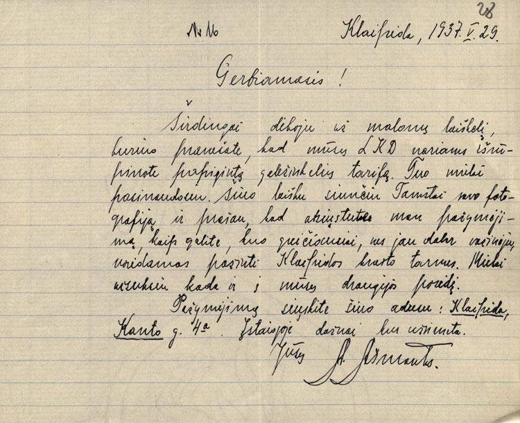 Andriaus Ašmanto laiškas Lietuvių kalbos draugijai (1937-05-29)