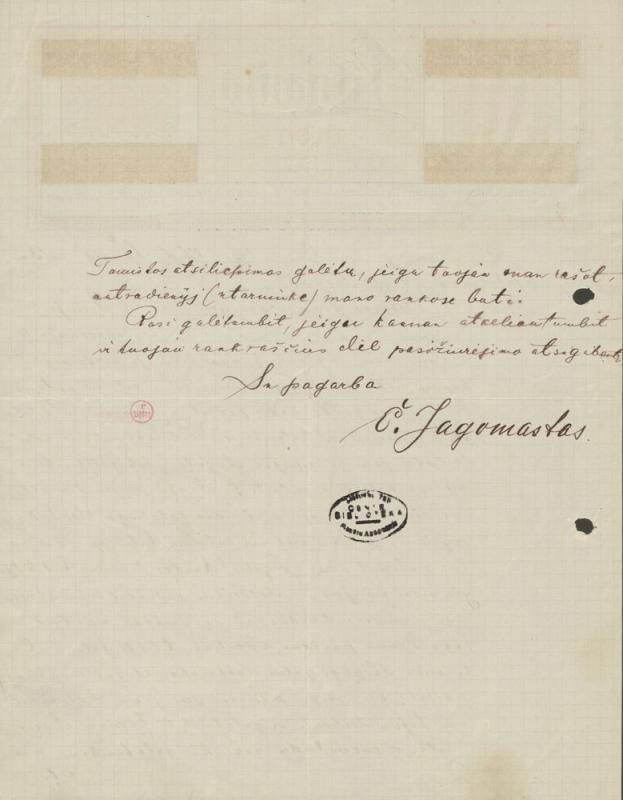 „Lituania“ spaustuvės savininko Enzio Jagomasto laiškas „Lietuvos žinių“ darbuotojui Peliksui Bugailiškiui dėl bendradarbiavimo