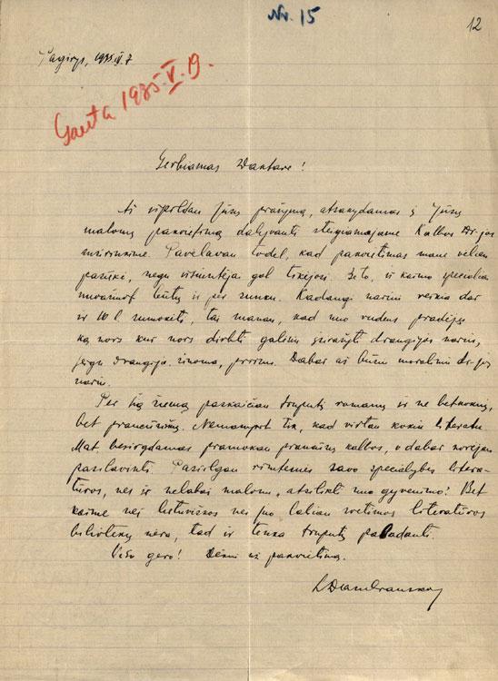 Leonardo Dambrausko laiškas dėl visuotinio Lietuvių kalbos draugijos susirinkimo (1935-04-07)