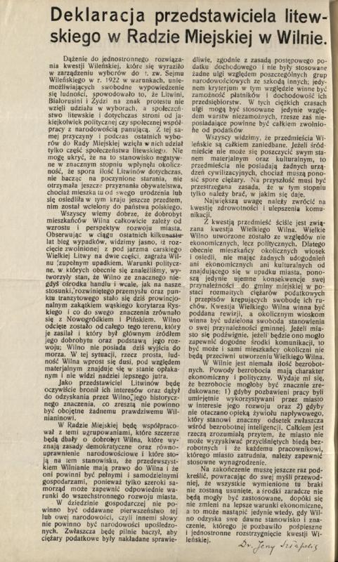 Lietuvių atstovo Jurgio Šlapelio pareiškimas Vilniaus miesto Taryboje