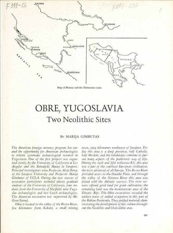 Obre, Yugoslavia: Two Neolithic Sites by Marija Gimbutas