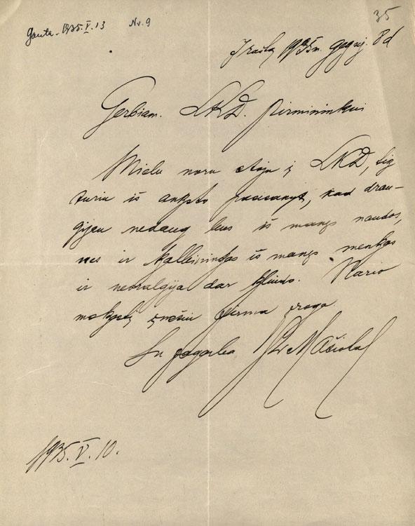 Prano Mašioto sutikimas stoti į Lietuvių kalbos draugiją (1935-05-10)