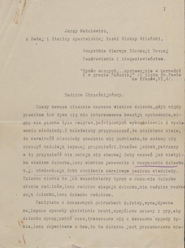 Vilniaus vyskupo Jurgio Matulevičiaus ganytojiškas laiškas vaikų katalikiško auklėjimo klausimais 1925 m.