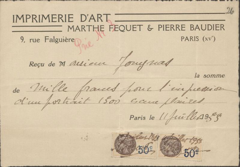 Paryžiaus meno spaustuvės sąskaita. Paryžius, 1933 m. liepos 11 d.