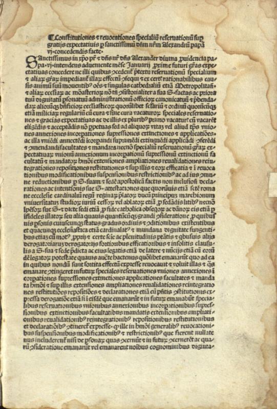 Alexander VI. Regulae cancellariae, 8 Aug. 1495. [Roma: Stephan Plannck, non ante 1495 08 08].