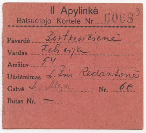 Felicijos Bortkevičienės balsavimo kortelė