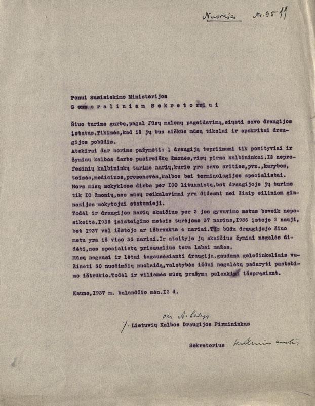 Susisiekimo ministerijai siunčiamų Lietuvių kalbos draugijos įstatų lydraštis (nuorašas, 1937-04-12)