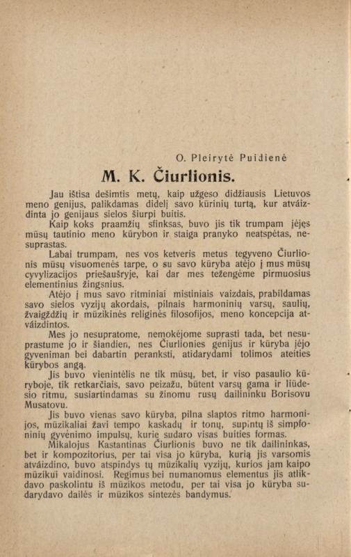 Onos Pleirytės-Puidienės atsiminimai apie M. K. Čiurlionį