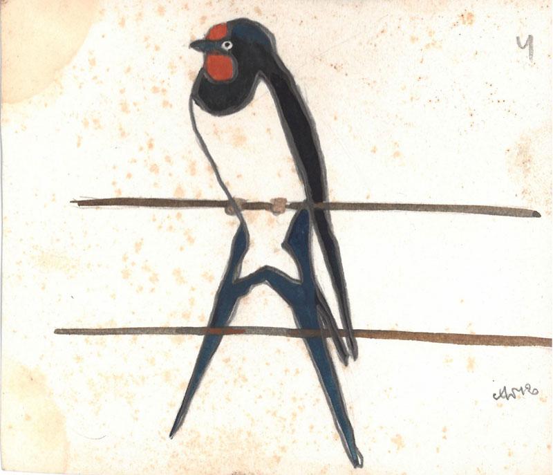 Dailininkės tapytojos, akvarelistės Onos Soltanaitės-Riomerienės (Anna Sołtanówna Römerowa, kitur – Anna Römer, 1895–1974) paukštelių piešinėliai: zylutė, šarka, sniegena, kregždė, kėkštas, liepsnelė (?), volungė. XX a. 3 deš. 9,5x12 cm.