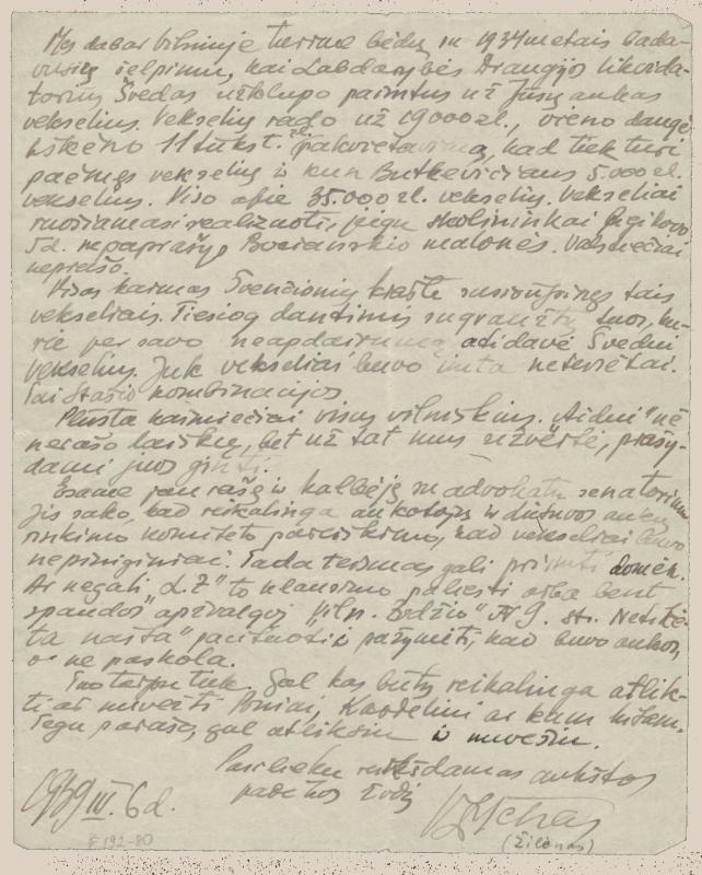 Felicijai Bortkevičienei rašytas Vinco Žilėno laiškas
