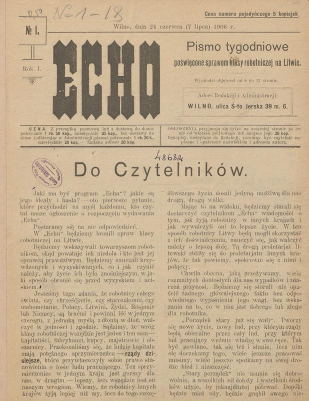Echo: pismo tygodniowe poświęcone sprawom klasy robotniczej na Litwie