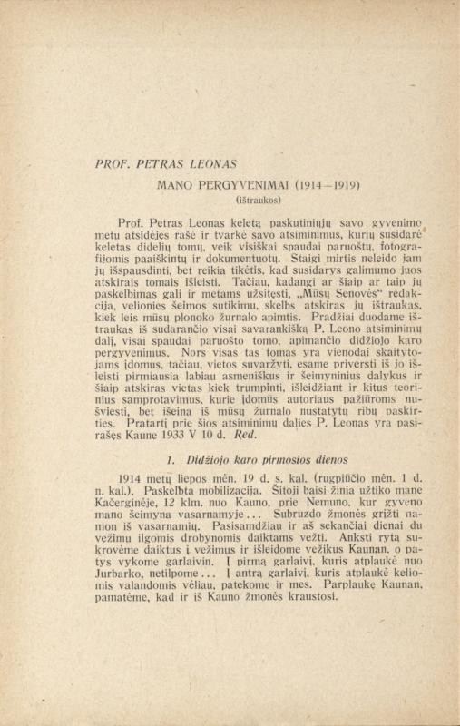 Petro Leono prisiminimų dalis, išspausdinta žurnale „Mūsų senovė“, 1938