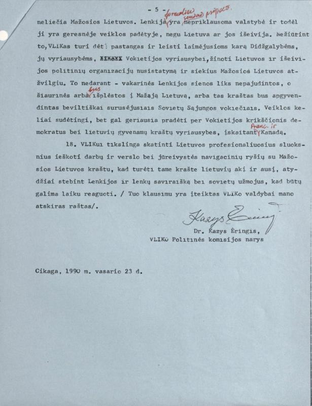 Dėl Vyriausiojo Lietuvos išlaisvinimo komiteto (VLIK) santykių su Lietuva dabartiniame etape. Čikaga, 1990 m. vasario 23 d.
