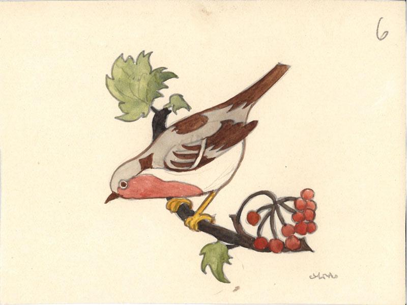 Dailininkės tapytojos, akvarelistės Onos Soltanaitės-Riomerienės (Anna Sołtanówna Römerowa, kitur – Anna Römer, 1895–1974) paukštelių piešinėliai: zylutė, šarka, sniegena, kregždė, kėkštas, liepsnelė (?), volungė. XX a. 3 deš. 9,5x12 cm.