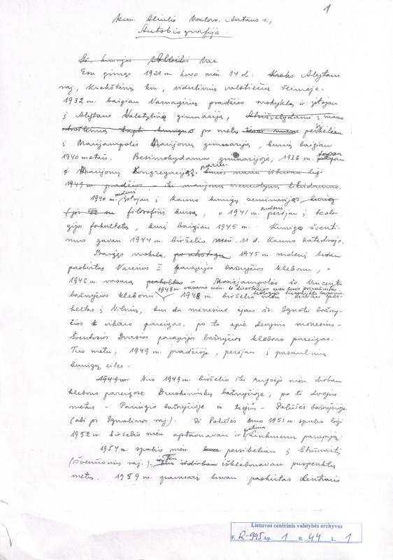 Kun. Vaclovas Aliulis. Kun. Aliulio Vaclovo Antano s. , autobiografija. 1966, lapkričio 9 d.