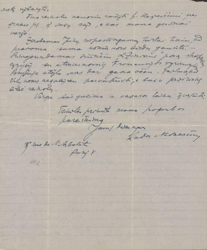 Felicijai Bortkevičienei rašytas Lado Natkevičiaus laiškas