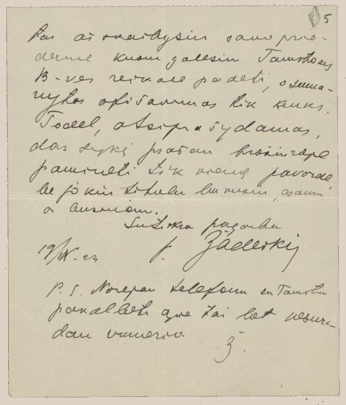 Felicijai Bortkevičienei rašytas Povilo Žadeikio laiškas