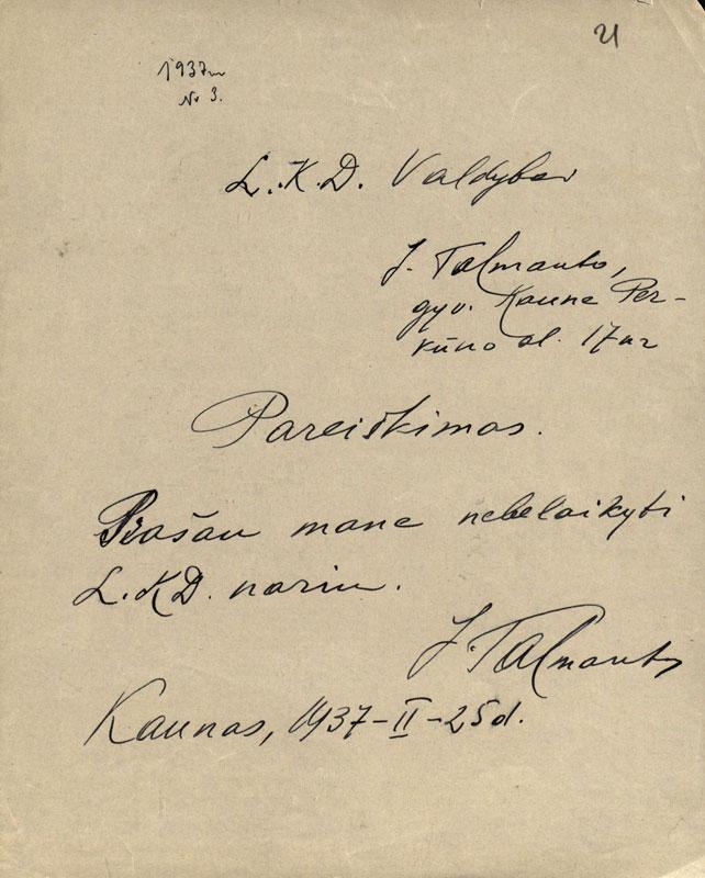 Jurgio Talmanto pareiškimas išstoti iš Lietuvių kalbos draugijos (1937-02-25)