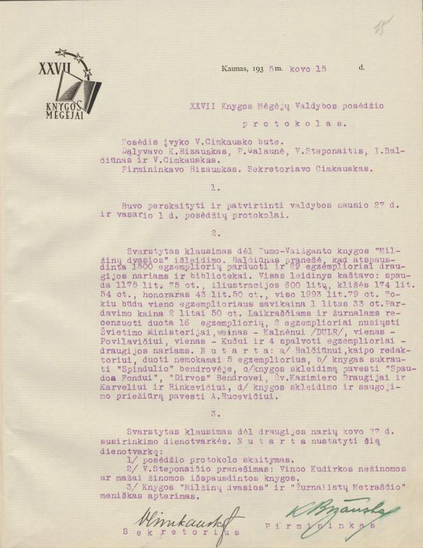 XXVII knygos mėgėjų valdybos posėdžio protokolas. Kaunas, 1935 m. kovo 15 d.