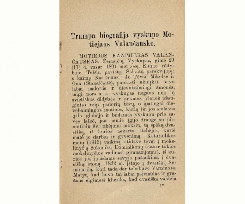 Vaikų knygelē. Parašė Žemaičių vyskupas Motiejus Valančauskas. Bitėnuose: kašta ir spauda M. Jankaus, 1905.