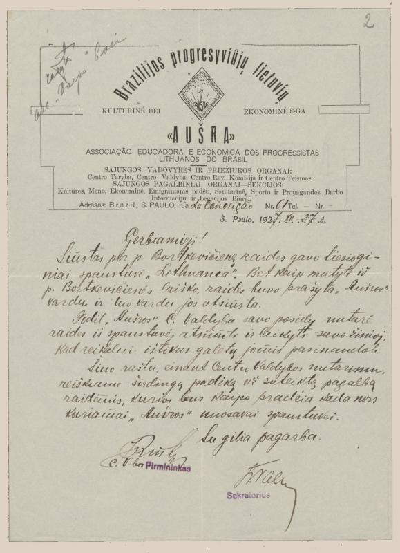 Brazilijos progresyvių lietuvių draugijos „Aušra“ laiškai Felicijai Bortkevičienei