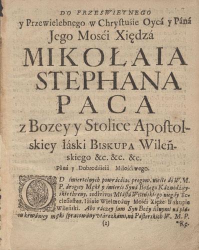 Dedikacija Vilniaus vyskupui Mikalojui Steponui Pacui