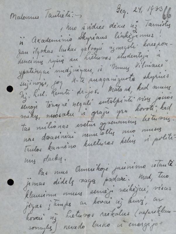 JAV lietuvio Vytauto Širvydo laiškas dėl ryšių užmezgimo su Lietuvos studentija
Niujorkas. 1933 m. gegužės 24 d.