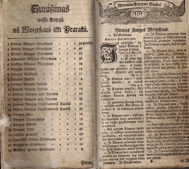 Biblija (1755): turinys ir Senojo Testamento pradžia