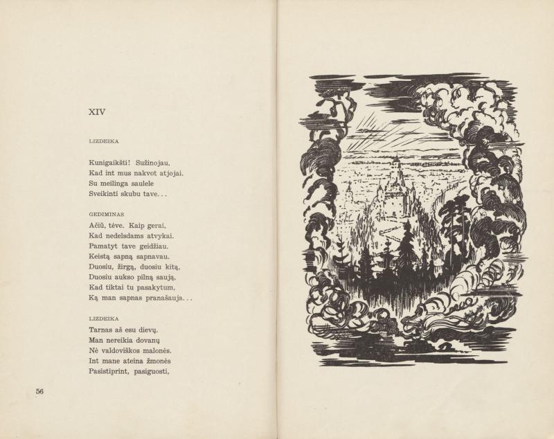 Sruoga, Balys. Giesmė apie Gediminą: gražiajam jaunimėliui. Mstislavo Dobužinskio viršelis ir iliustracijos. Kaunas: Sakalas, 1938. 63 p.: iliustr. LMAVB 64946