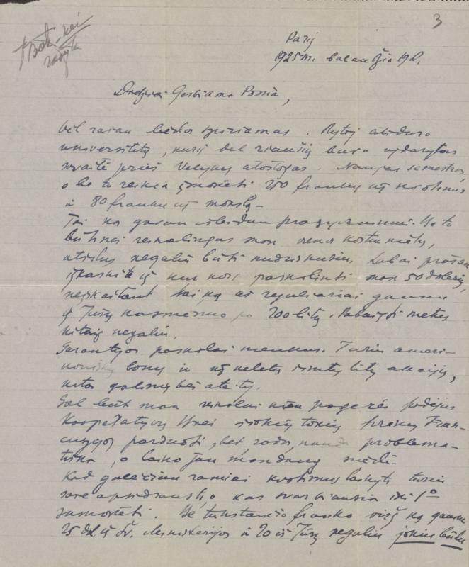 Felicijai Bortkevičienei rašytas Lado Natkevičiaus laiškas