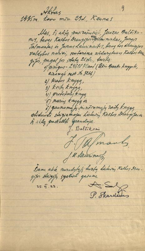 „Kalbos“ draugijos turto perdavimo Lietuvių kalbos draugijai aktas (1935-03-23)