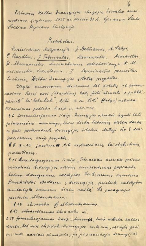 Lietuvių kalbos draugijos steigėjų būrelio susirinkimo protokolas (1935-01-31)