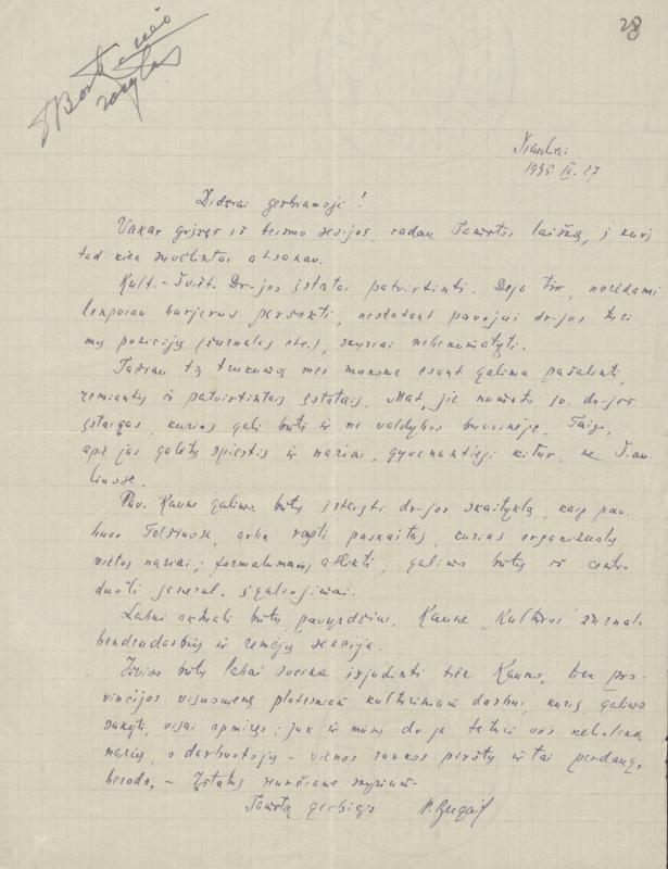 Felicijai Bortkevičienei rašytas Pelikso Bugailiškio laiškas