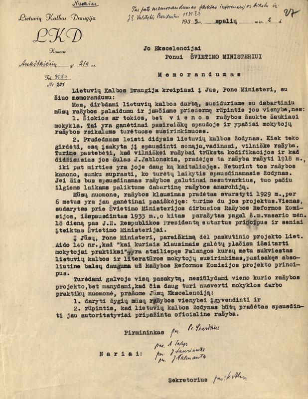 Lietuvių kalbos draugijos memorandumas dėl lietuvių kalbos rašybos (nuorašas, 1935-10-02)