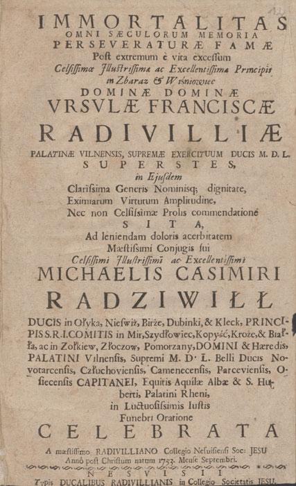 „Nemirtingumas“ – gedulo kalbos, mirus kunigaikštienei P. U. Radvilienei (1753 m. rugsėjis), antraštė