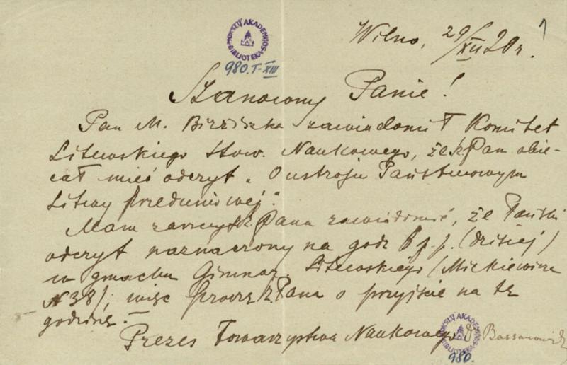 Basanavičius, Jonas. Trumpas laiškas Tadui Stanislovui Vrublevskiui.
