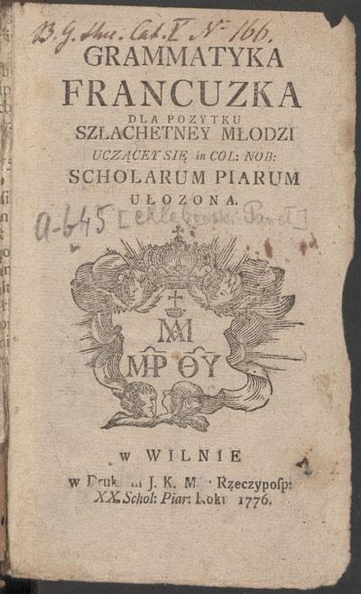 Prancūzų kalbos gramatika kilmingam jaunimui, 1776.