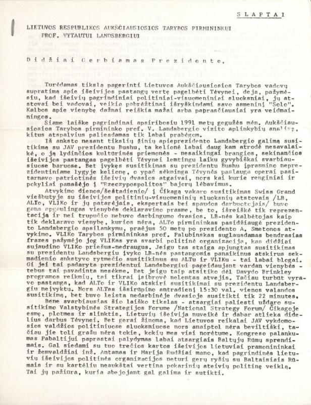 Kazio Ėringio laiškas Lietuvos Respublikos Aukščiausiosios Tarybos Pirmininkui prof. Vytautui Landsbergiui. Čikaga, 1991 m. liepos 20 d.